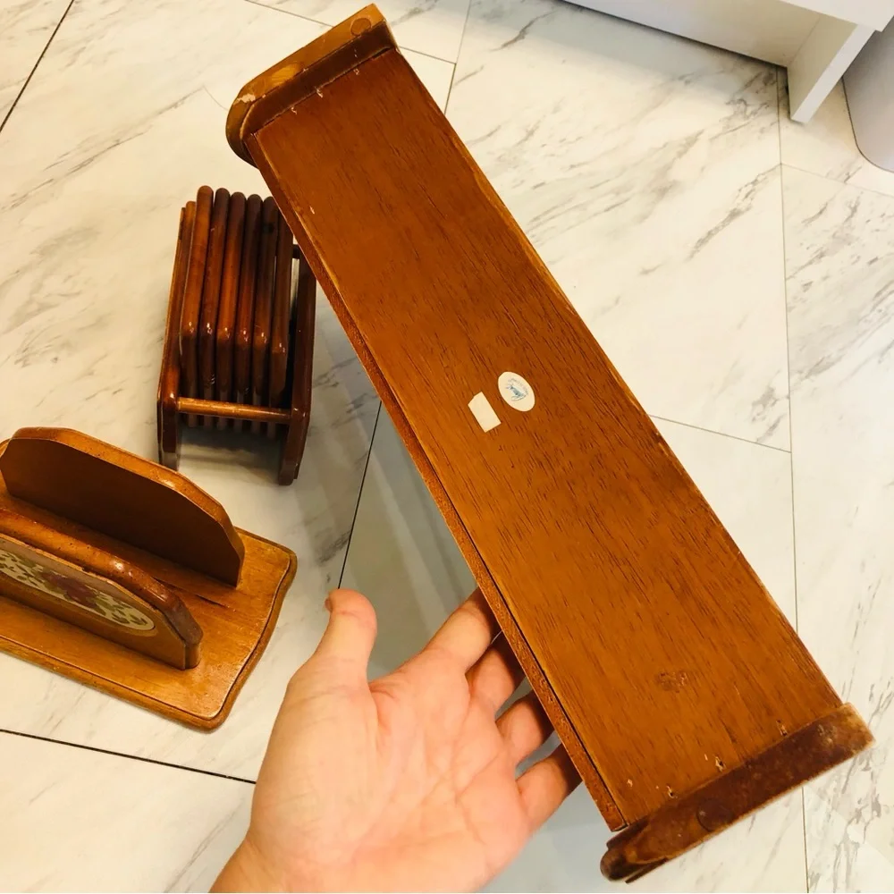 VTG Wood Countertop Trinket Shelf Spice Rack Napkin Coaster Holders Set Cottage